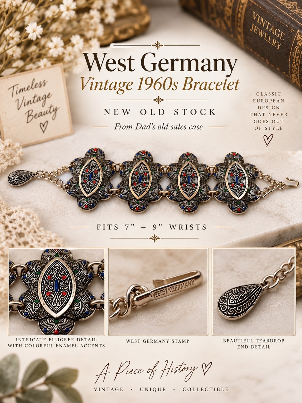 Vintage 1960s Gold-Tone Filigree Bracelet with Red & Blue Enamel